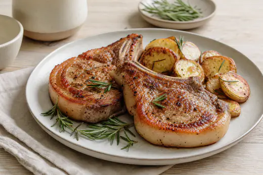 Deux côtes de porc avec l’os, bien dorées, le gras croustillant, servies avec des pommes de terre rôties et du romarin