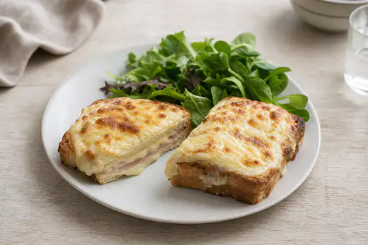 Deux croque-monsieur dorés et gratinés, coupés en deux pour montrer le jambon et le fromage fondu, servis avec une petite salade verte