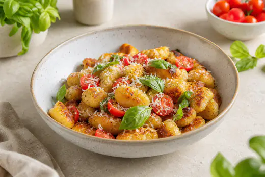 Gnocchis de pommes de terre dorés et croustillants dans une assiette creuse avec du parmesan râpé, du basilic et des tomates cerises